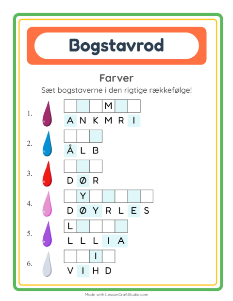 Forhåndsvisning af Bogstavpuslespil-arbejdsark med Farver til 1. klasse