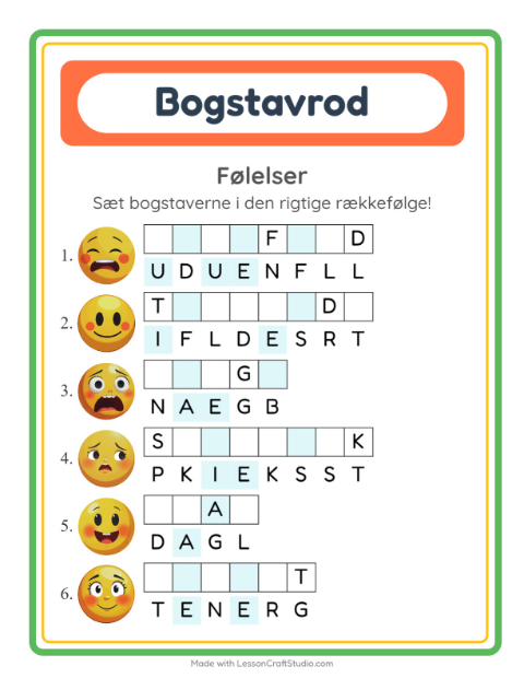 Forhåndsvisning af Bogstavpuslespil-arbejdsark med Følelser til 1. klasse