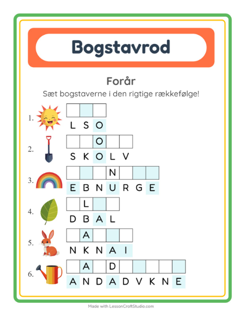 Forhåndsvisning af Bogstavpuslespil-arbejdsark med Forår til 1. klasse