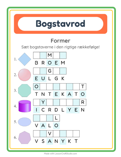 Forhåndsvisning af Bogstavpuslespil-arbejdsark med Former til 1. klasse
