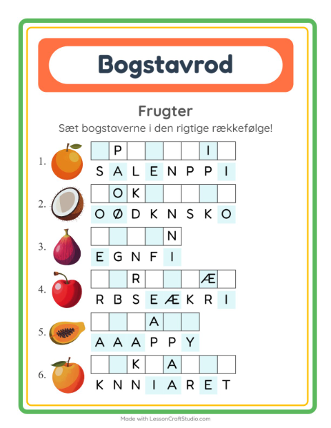 Forhåndsvisning af Bogstavpuslespil-arbejdsark med Frugter til 1. klasse