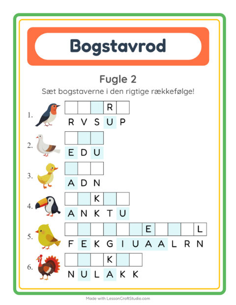 Forhåndsvisning af Bogstavpuslespil-arbejdsark med Fugle 2 til 1. klasse