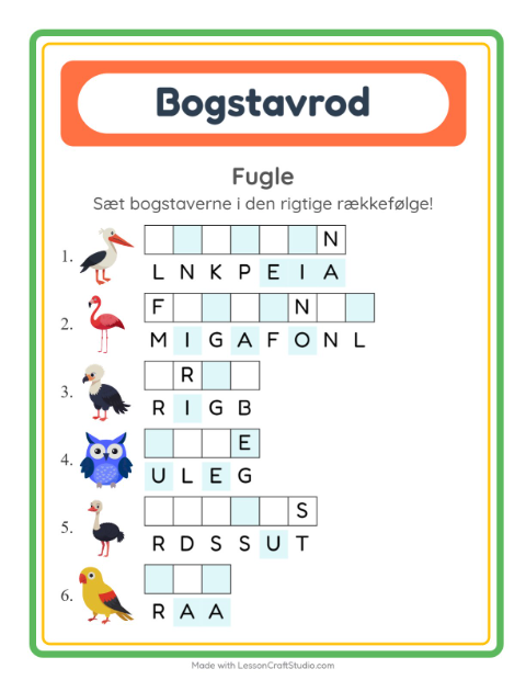 Forhåndsvisning af Bogstavpuslespil-arbejdsark med Fugle til 1. klasse