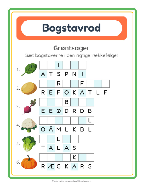 Forhåndsvisning af Bogstavpuslespil-arbejdsark med Grøntsager til 1. klasse