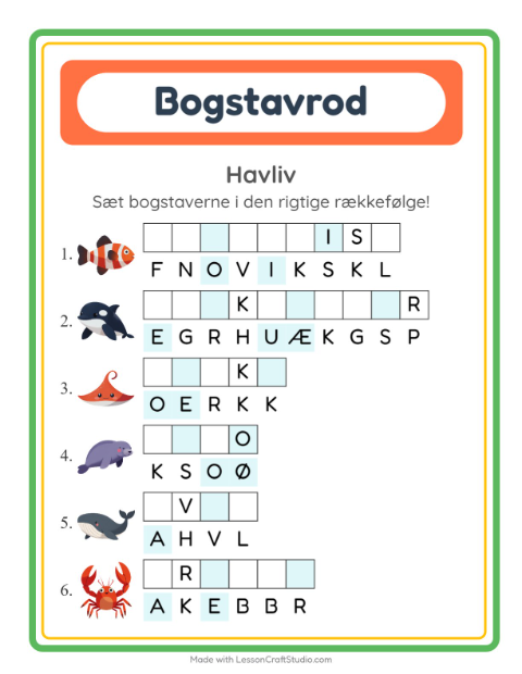 Forhåndsvisning af Bogstavpuslespil-arbejdsark med Havliv til 1. klasse