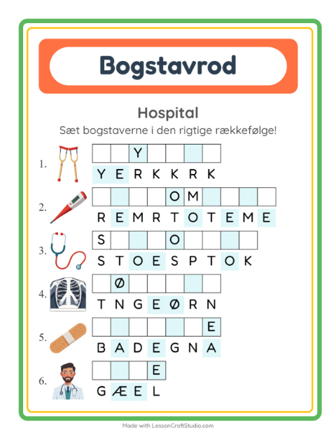Forhåndsvisning af Bogstavpuslespil-arbejdsark med Hospital til 1. klasse