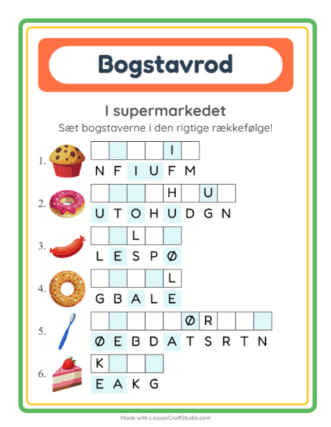 Forhåndsvisning af Bogstavpuslespil-arbejdsark med I supermarkedet til 1. klasse