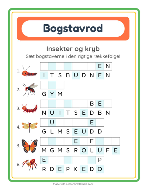 Forhåndsvisning af Bogstavpuslespil-arbejdsark med Insekter og kryb til 1. klasse