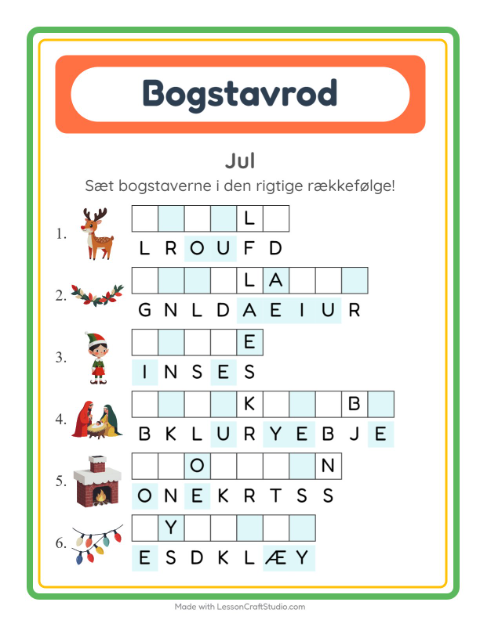 Forhåndsvisning af Bogstavpuslespil-arbejdsark med Jul til 1. klasse