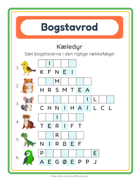 Forhåndsvisning af Bogstavpuslespil-arbejdsark med Kæledyr til 1. klasse