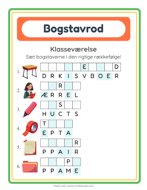 Forhåndsvisning af Bogstavpuslespil-arbejdsark med Klasseværelse til 1. klasse