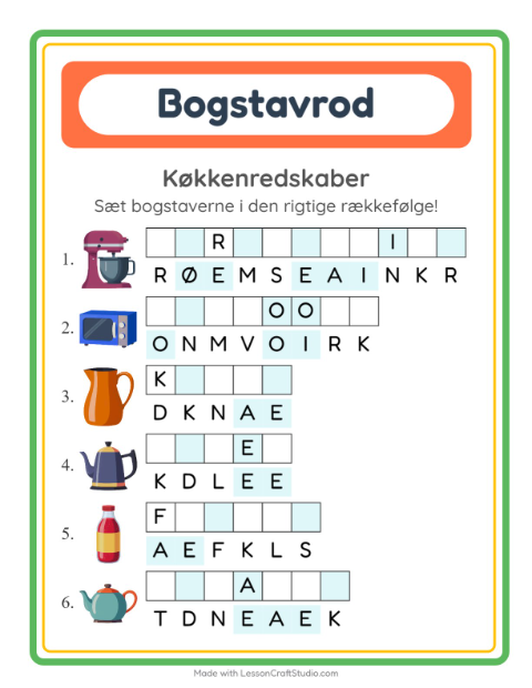 Forhåndsvisning af Bogstavpuslespil-arbejdsark med Køkkenredskaber til 1. klasse