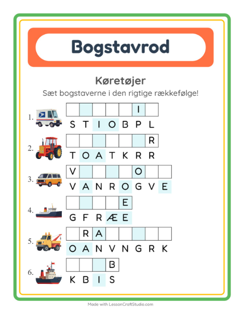 Forhåndsvisning af Bogstavpuslespil-arbejdsark med Køretøjer til 1. klasse