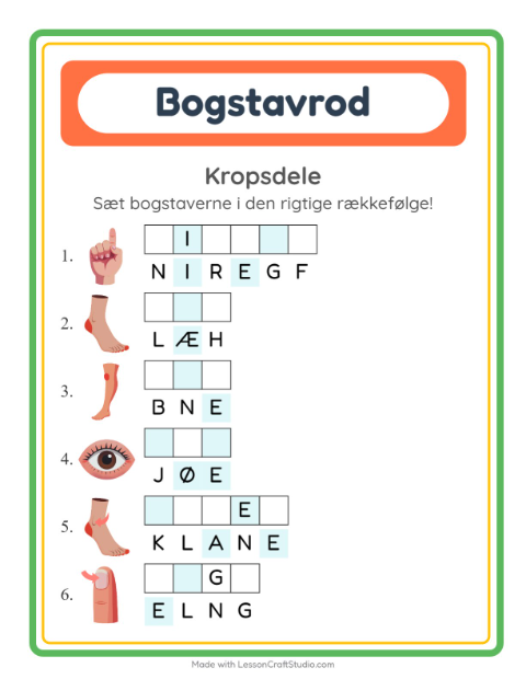 Forhåndsvisning af Bogstavpuslespil-arbejdsark med Kropsdele til 1. klasse