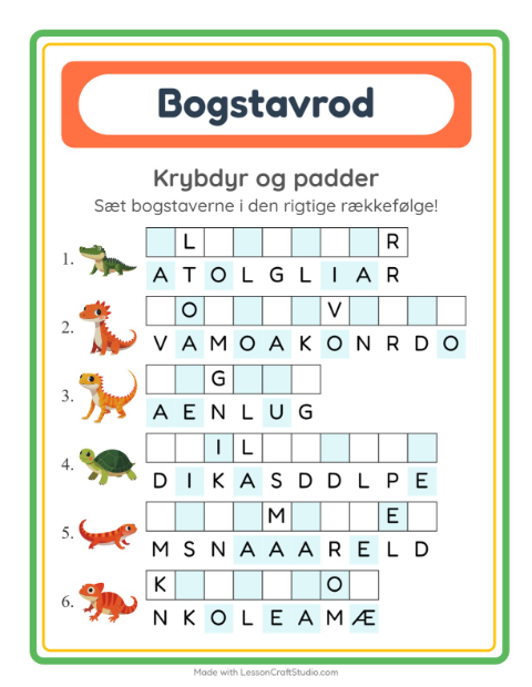 Forhåndsvisning af Bogstavpuslespil-arbejdsark med Krybdyr og padder til 1. klasse