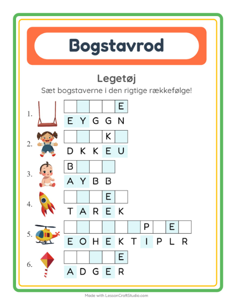Forhåndsvisning af Bogstavpuslespil-arbejdsark med Legetøj til 1. klasse