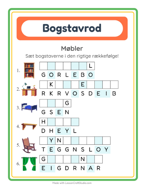 Forhåndsvisning af Bogstavpuslespil-arbejdsark med Møbler til 1. klasse