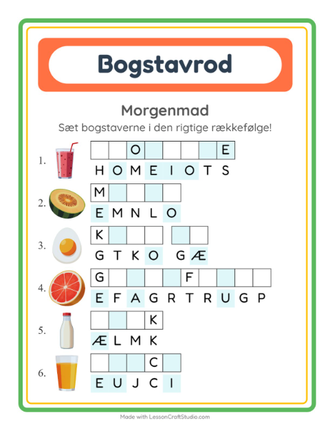 Forhåndsvisning af Bogstavpuslespil-arbejdsark med Morgenmad til 1. klasse