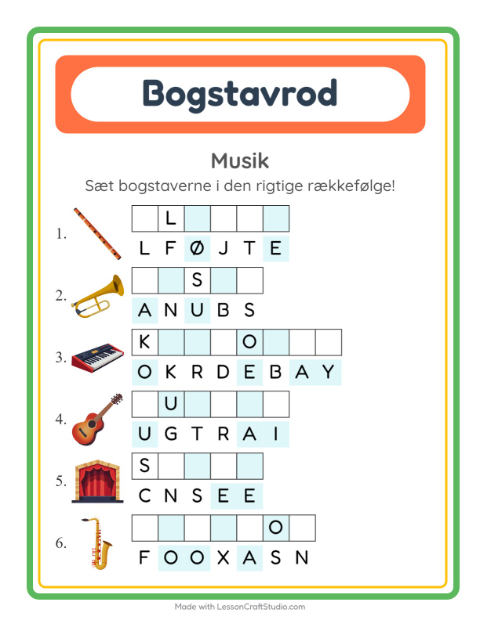 Forhåndsvisning af Bogstavpuslespil-arbejdsark med Musik til 1. klasse