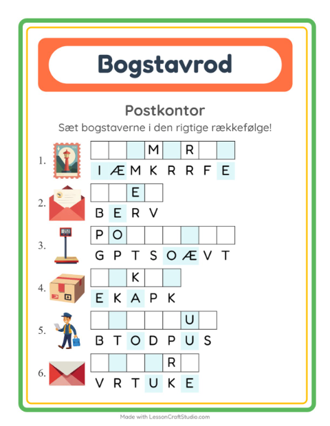 Forhåndsvisning af Bogstavpuslespil-arbejdsark med Postkontor til 1. klasse
