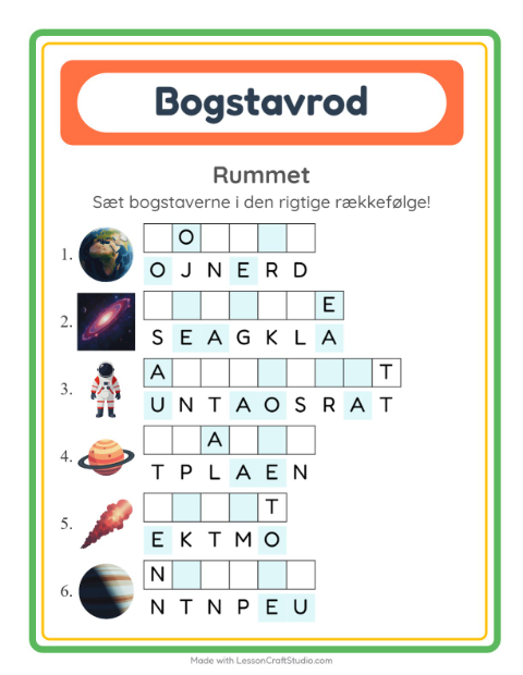 Forhåndsvisning af Bogstavpuslespil-arbejdsark med Rummet til 1. klasse