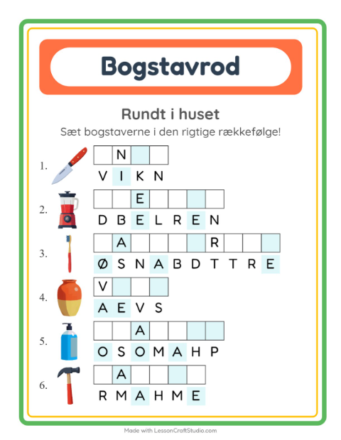 Forhåndsvisning af Bogstavpuslespil-arbejdsark med Rundt i huset til 1. klasse