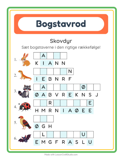 Forhåndsvisning af Bogstavpuslespil-arbejdsark med Skovdyr til 1. klasse