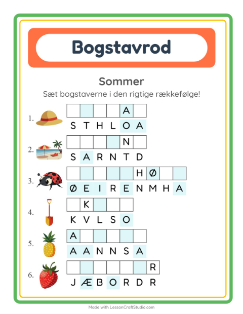 Forhåndsvisning af Bogstavpuslespil-arbejdsark med Sommer til 1. klasse