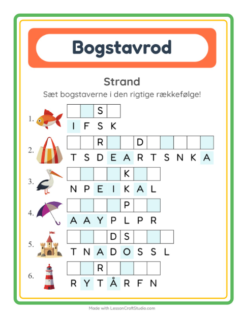 Forhåndsvisning af Bogstavpuslespil-arbejdsark med Strand til 1. klasse