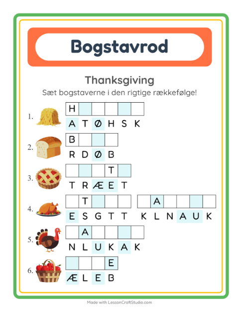 Forhåndsvisning af Bogstavpuslespil-arbejdsark med Thanksgiving til 1. klasse