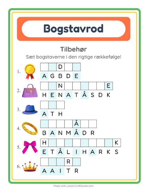Forhåndsvisning af Bogstavpuslespil-arbejdsark med Tilbehør til 1. klasse