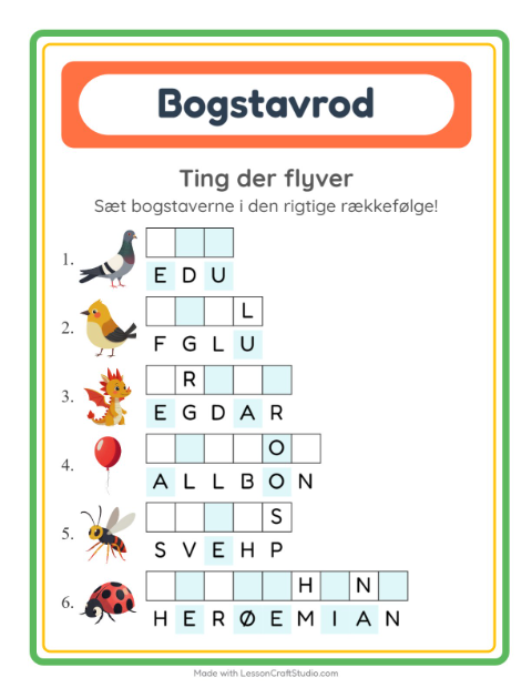 Forhåndsvisning af Bogstavpuslespil-arbejdsark med Ting der flyver til 1. klasse
