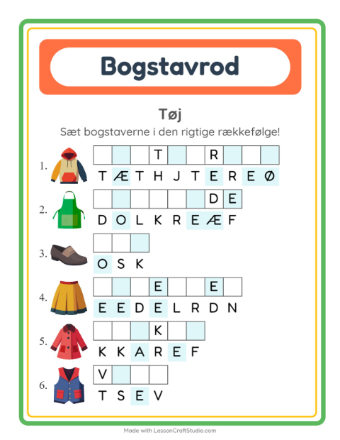 Forhåndsvisning af Bogstavpuslespil-arbejdsark med Tøj til 1. klasse