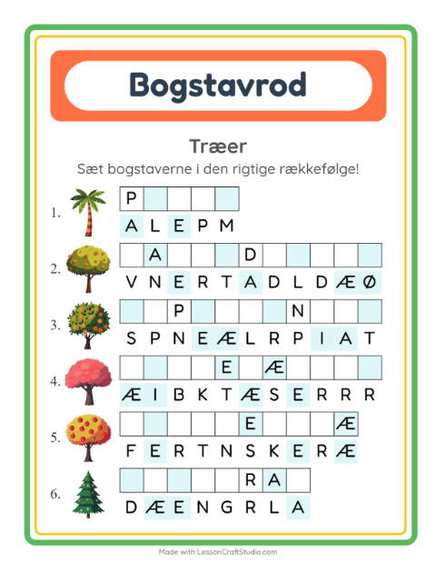 Forhåndsvisning af Bogstavpuslespil-arbejdsark med Træer til 1. klasse