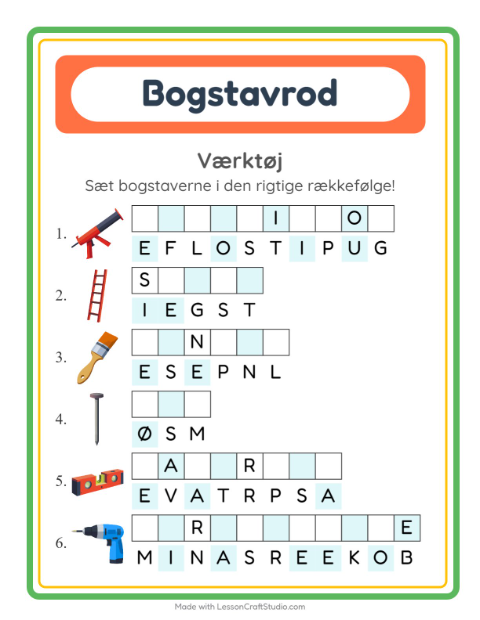Forhåndsvisning af Bogstavpuslespil-arbejdsark med Værktøj til 1. klasse