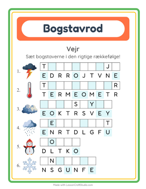 Forhåndsvisning af Bogstavpuslespil-arbejdsark med Vejr til 1. klasse