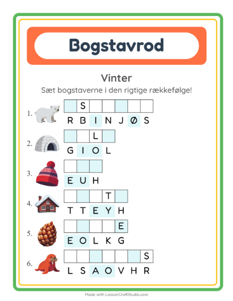 Forhåndsvisning af Bogstavpuslespil-arbejdsark med Vinter til 1. klasse