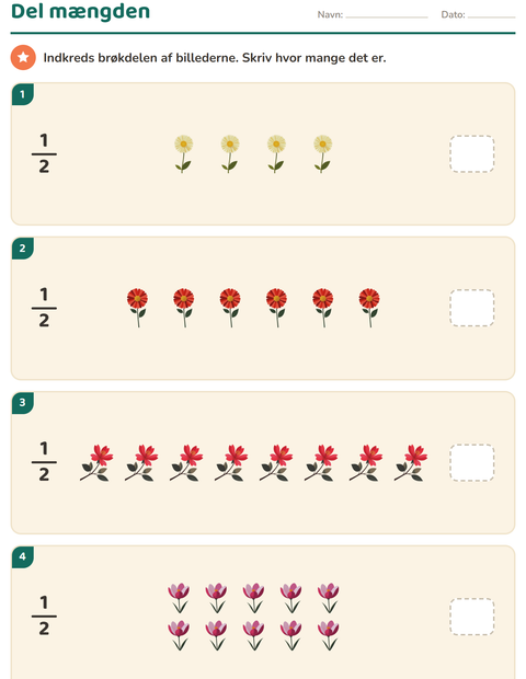 Forhåndsvisning af Brøker-arbejdsark med Blomster til 2. klasse