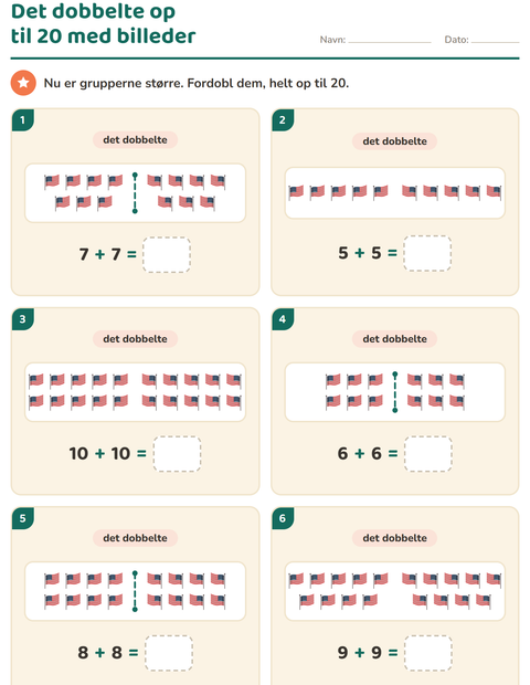 Forhåndsvisning af Det dobbelte og det halve-arbejdsark med 4. juli til 1. klasse