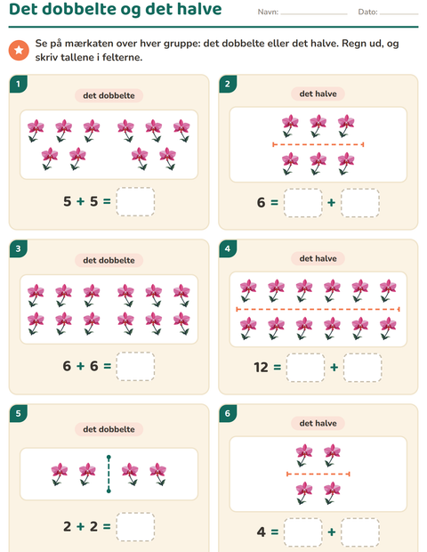 Forhåndsvisning af Det dobbelte og det halve-arbejdsark med Blomster til 1. klasse