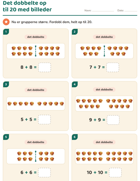 Forhåndsvisning af Det dobbelte og det halve-arbejdsark med Desserter og slik til 1. klasse
