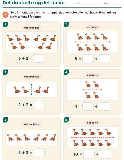 Forhåndsvisning af Det dobbelte og det halve-arbejdsark med Dinosaurer til 1. klasse