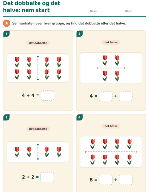 Forhåndsvisning af Det dobbelte og det halve-arbejdsark med Forår til 1. klasse
