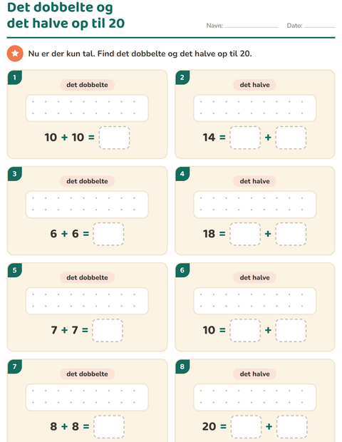 Forhåndsvisning af Det dobbelte og det halve-arbejdsark til 1. klasse