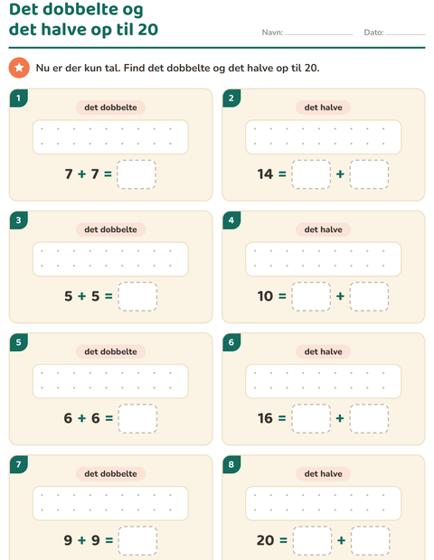 Forhåndsvisning af Det dobbelte og det halve-arbejdsark til 1. klasse