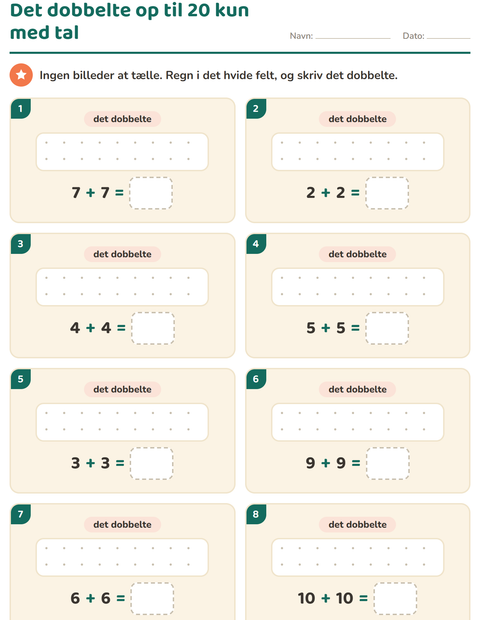 Det dobbelte op til 20 kun med tal – otte stykker og et hvidt regnefelt – 1. klasse