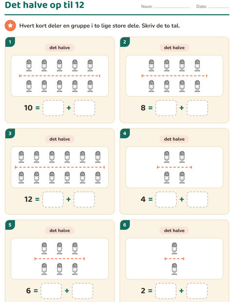 Forhåndsvisning af Det dobbelte og det halve-arbejdsark med Klasseværelse (S/H) til 1. klasse