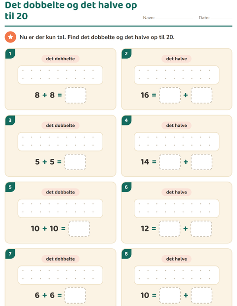 Forhåndsvisning af Det dobbelte og det halve op til 20 – kun tal, ingen billeder – 1. klasse