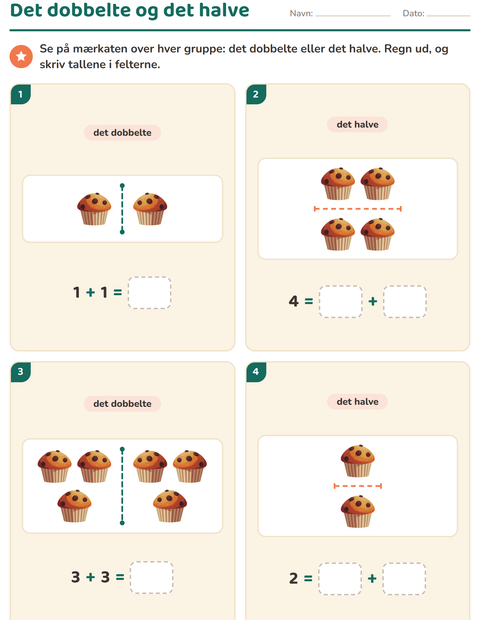 Forhåndsvisning af Det dobbelte og det halve-arbejdsark med Bageri til 1. klasse