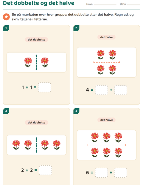 Forhåndsvisning af Det dobbelte og det halve-arbejdsark med Blomster til 1. klasse